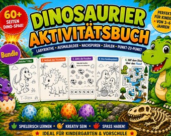 Op de afbeelding: Een kleurrijk dinosaurus activiteitenboek met de titel "DINOSAURIER AKTIVITÄTSBUCH". De omslag toont een groene dinosaurus, dinosaurus illustraties en de tekst "60+ SEITEN DINO-SPAB!". Bevat doolhoven, kleurplaten en verbind-de-stippen activiteiten voor kinderen van 3-6 jaar.