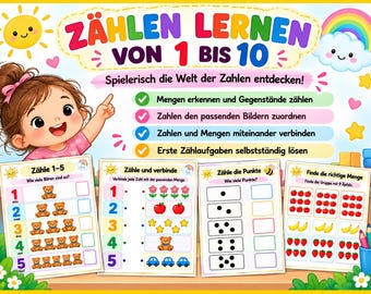 Op de afbeelding: Een educatieve poster getiteld ZÄHLEN LERNEN VON 1 BIS 10 met een getekend kind dat naar vier werkbladen wijst. De bladen bevatten telopdrachten met beren, bloemen, appels, sterren, auto's, stippen, bananen en aardbeien.