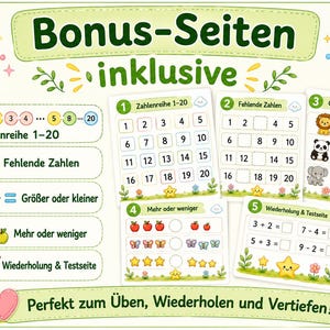 May include: A set of educational worksheets titled Bonus-Seiten inklusive featuring five math exercises for children. The pages include number sequences from 1 to 20, missing numbers, greater or smaller comparisons, counting tasks, and review tests with animal illustrations.