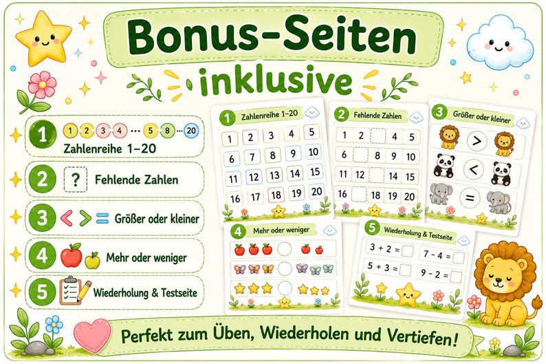 May include: A set of educational worksheets titled Bonus-Seiten inklusive featuring five math exercises for children. The pages include number sequences from 1 to 20, missing numbers, greater or smaller comparisons, counting tasks, and review tests with animal illustrations.