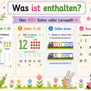 May include: An educational activity sheet titled Was ist enthalten? featuring four sections: numbers 1-10, numbers 11-20, learning to count, and bonus pages. The layout includes colorful illustrations of a bear, rabbit, panda, stars, and flowers.