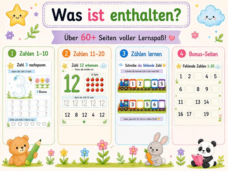 May include: An educational activity sheet titled Was ist enthalten? featuring four sections: numbers 1-10, numbers 11-20, learning to count, and bonus pages. The layout includes colorful illustrations of a bear, rabbit, panda, stars, and flowers.