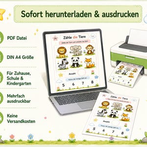 May include: A digital educational worksheet titled Z&auml;hle die Tiere displayed on a laptop screen and a printed paper, featuring illustrations of a lion, elephant, monkey, zebra, panda, and fox, with numbers 5, 6, 7, and 8 at the bottom.