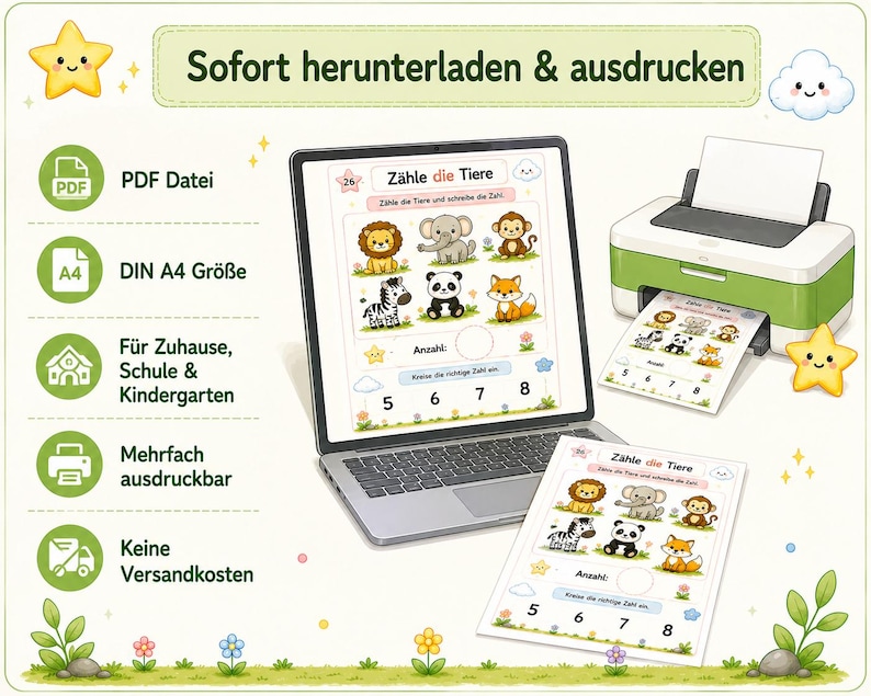 May include: A digital educational worksheet titled Z&auml;hle die Tiere displayed on a laptop screen and a printed paper, featuring illustrations of a lion, elephant, monkey, zebra, panda, and fox, with numbers 5, 6, 7, and 8 at the bottom.
