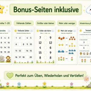 May include: A set of educational worksheets featuring math exercises for children, including number sequences from 1 to 20, missing numbers, greater or smaller comparisons, and counting tasks with illustrations of animals, cars, and flowers.
