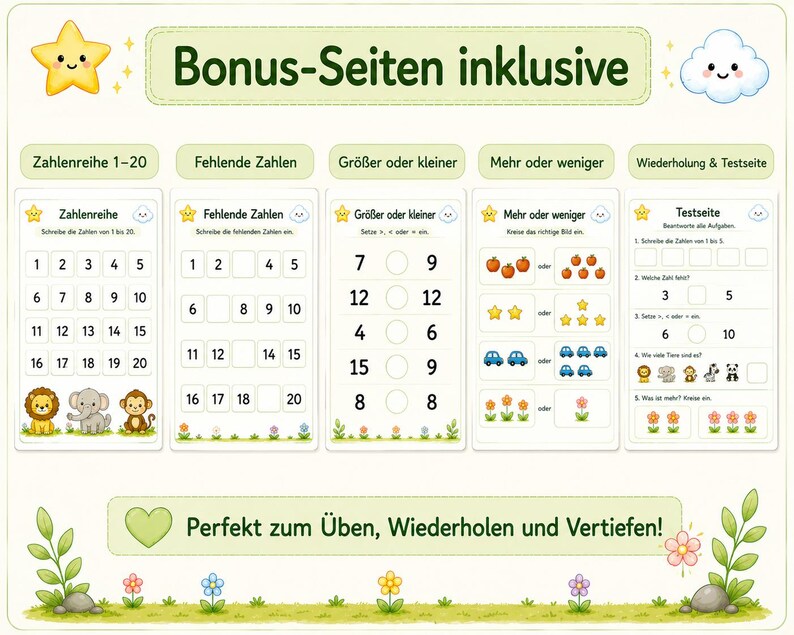 May include: A set of educational worksheets featuring math exercises for children, including number sequences from 1 to 20, missing numbers, greater or smaller comparisons, and counting tasks with illustrations of animals, cars, and flowers.