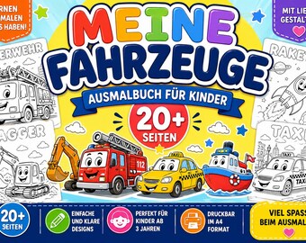 Op de afbeelding: Een kleurboek voor kinderen getiteld "MEINE FAHRZEUGE" met illustraties van voertuigen zoals een brandweerwagen, graafmachine, taxi en raket. De cover toont de tekst "AUSMALBUCH FÜR KINDER" en "20+ SEITEN".