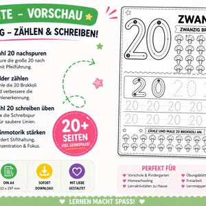 May include: A black and white worksheet for learning the number 20, with tracing, counting broccoli, and writing practice. Includes the text "ZWANZIG - Z&Auml;HLEN & SCHREIBEN!" and "20+ SEITEN". The worksheet is designed for preschool and homeschooling.