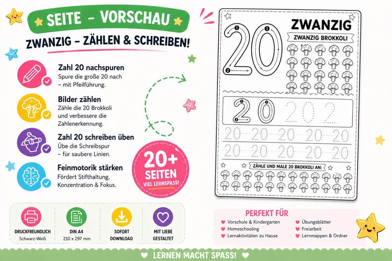 May include: A black and white worksheet for learning the number 20, with tracing, counting broccoli, and writing practice. Includes the text "ZWANZIG - Z&Auml;HLEN & SCHREIBEN!" and "20+ SEITEN". The worksheet is designed for preschool and homeschooling.