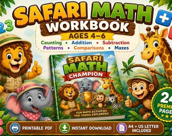 Safari-wiskundig werkboek voor kinderen van 4-6 jaar | Wiskundige activiteiten voorschoolse opvang | Tellen Optellen Aftrekken | Afdrukbare pdf-werkbladen voor kleuters