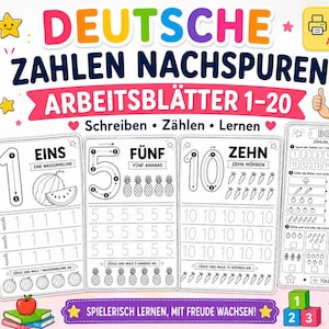 May include: Educational printable worksheets for preschool and kindergarten. The German-language worksheets feature numbers 1-20 with tracing, counting, and writing exercises. Includes a bonus page and colorful illustrations.