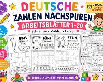 Op de afbeelding: Duitstalige educatieve werkbladen om af te drukken voor de kleuterschool en de kleuters. De werkbladen bevatten getallen van 1-20 met oefeningen om te traceren, te tellen en te schrijven. Inclusief een bonuspagina en kleurrijke illustraties.