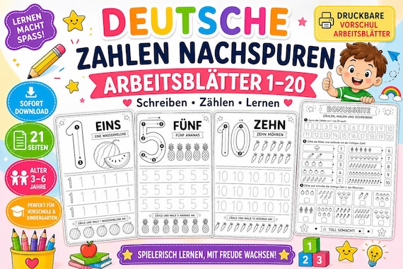 Zahlen Nachspuren 1-20 Deutsch PDF | Vorschule Arbeitsblätter | Kindergarten Zahlen lernen | Sofort Download