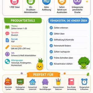 May include: Digital educational resource with the text "WAS DU ERH&Auml;LTST" and "DIGITALER DOWNLOAD ENTHALTEN". Focuses on learning numbers 1-20 in German, PDF format, and A4 size (21.0 x 29.7 cm). Includes black and white worksheets for preschool, kindergarten, and homeschool.