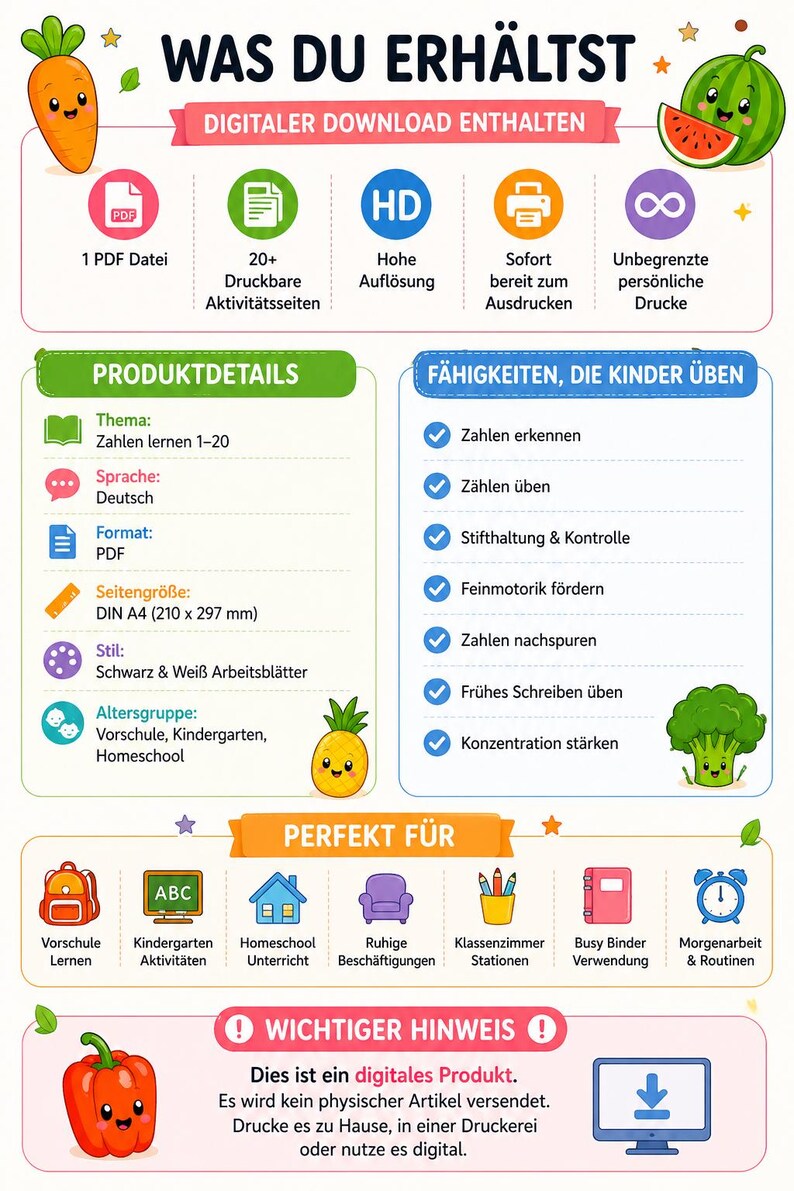 May include: Digital educational resource with the text "WAS DU ERH&Auml;LTST" and "DIGITALER DOWNLOAD ENTHALTEN". Focuses on learning numbers 1-20 in German, PDF format, and A4 size (21.0 x 29.7 cm). Includes black and white worksheets for preschool, kindergarten, and homeschool.