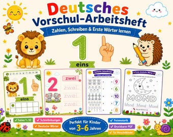 Op de afbeelding: Kleurrijk educatief werkblad, "Deutsches Vorschul-Arbeitsheft", met illustraties van een leeuw, egel en cijfers. Het werkblad leert cijfers, schrijven en eerste woorden. Bevat de tekst "Perfekt für Kinder von 3-6 Jahren."