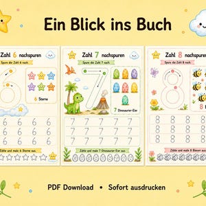 May include: Three educational worksheets titled Ein Blick ins Buch featuring tracing exercises for numbers 6, 7, and 8. Each page includes colorful illustrations of stars, dinosaur eggs, and bees, with dotted lines for writing practice and counting tasks.