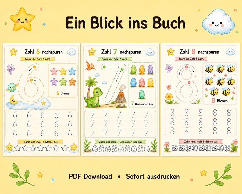 May include: Three educational worksheets titled Ein Blick ins Buch featuring tracing exercises for numbers 6, 7, and 8. Each page includes colorful illustrations of stars, dinosaur eggs, and bees, with dotted lines for writing practice and counting tasks.