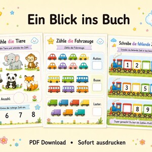 May include: Three educational activity sheets for children featuring colorful illustrations of animals, vehicles, and trains. The pages include German text such as Z&auml;hle die Tiere, Z&auml;hle die Fahrzeuge, and Schreibe die fehlende Zahl, with counting exercises.