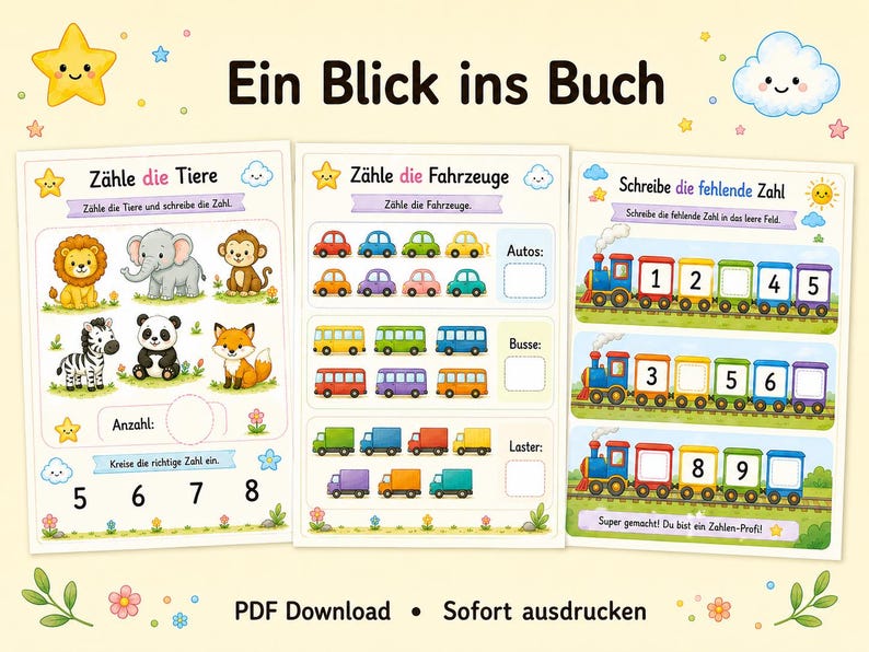 May include: Three educational activity sheets for children featuring colorful illustrations of animals, vehicles, and trains. The pages include German text such as Z&auml;hle die Tiere, Z&auml;hle die Fahrzeuge, and Schreibe die fehlende Zahl, with counting exercises.