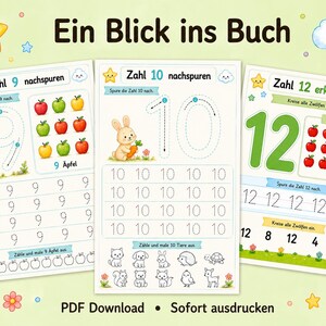 May include: Three educational worksheets for children featuring the German text Ein Blick ins Buch. The pages include tracing exercises for numbers 9, 10, and 12, accompanied by illustrations of rabbits, apples, and various animals to count and color.