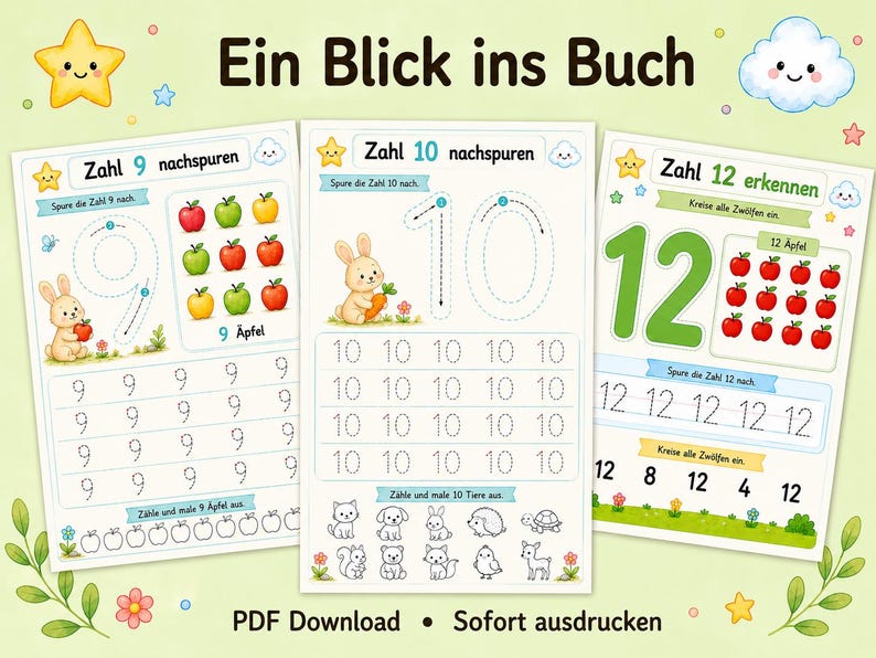 May include: Three educational worksheets for children featuring the German text Ein Blick ins Buch. The pages include tracing exercises for numbers 9, 10, and 12, accompanied by illustrations of rabbits, apples, and various animals to count and color.