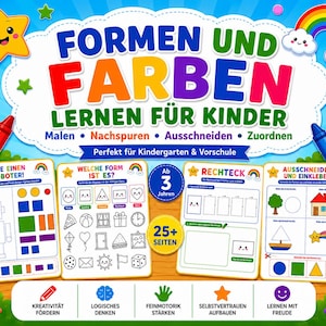 May include: A colorful children's activity book with the title "FORMEN UND FARBEN LERNEN FÜR KINDER". The cover features a star, rainbow, and crayons. Inside are pages for coloring, tracing, cutting, and matching shapes. Suitable for ages 3 and up.