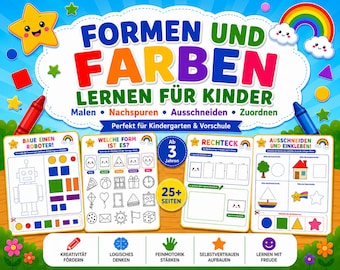May include: A colourful children's activity book titled "FORMEN UND FARBEN LERNEN FÜR KINDER". The cover shows a star, rainbow, and crayons. Inside are pages for colouring, tracing, cutting, and matching shapes. Suitable for ages 3 and up.