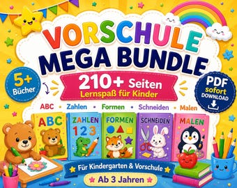 Op de afbeelding: Een kleurrijke educatieve bundel voor kleuters. De afbeelding toont de tekst "Vorschule Mega Bundle" met boeken om ABC's, cijfers, vormen, knippen en schilderen te leren. Bevat een downloadlink en is voor kinderen vanaf 3 jaar.