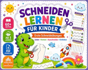 Op de afbeelding: Een kleurrijk kinderactiviteitenboek met de titel "SCHNEIDEN LERNEN FÜR KINDER". De omslag toont een groene cartoon-dinosaurus die een schaar vasthoudt en een stippellijn knipt. Bevat de tekst "AB 3 JAHREN" en "PDF DOWNLOAD".
