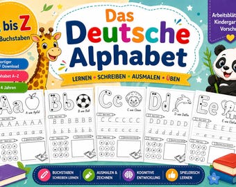 Op de afbeelding: Educatief werkboek voor kinderen getiteld "Das Deutsche Alphabet" met kleurrijke tekst en illustraties. Bevat een giraffe, panda en alfabet traceerpagina's. Bevat de tekst "Leren, Schrijven, Kleuren, Oefenen" en is bedoeld voor kinderen van 4 jaar en ouder.