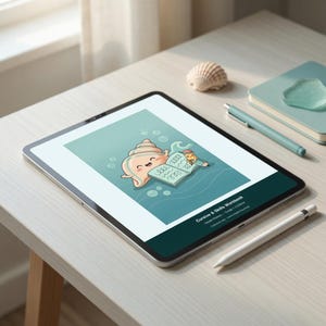 May include: A tablet displaying a digital Cursive & Skills Workbook with an illustration of a cartoon seashell writing in a notebook with a pencil. The screen shows the text Cursive & Skills Workbook, Ocean Breeze - Grade 1-2 Edition, Instant Digital Download.