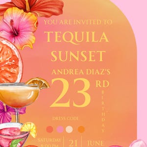 Op de afbeelding: Een uitnodiging voor een verjaardagsfeest met het thema Tequila Sunset. Het ontwerp bevat aquarel illustraties van cocktails, fruit en bloemen. De tekst luidt "U bent uitgenodigd voor Tequila Sunset Andrea Diaz' 23e verjaardag".