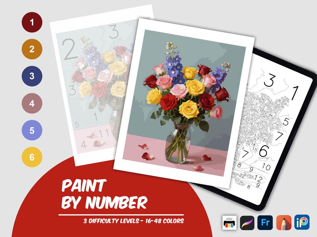 Floral Roses Paint by Number Printable, Bouquet Coloring Book (digital