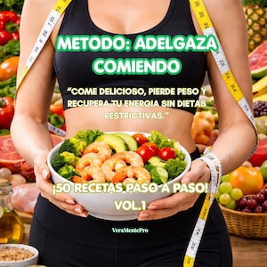 Puede incluir: Una persona sostiene un cuenco con camarones, aguacate, brócoli y tomates. La imagen tiene texto que dice "METODO: ADELGAZA COMIENDO" y "50 RECETAS PASO A PASO! VOL.1". Una cinta métrica envuelve el cuerpo de la persona. El fondo incluye varias frutas y verduras.