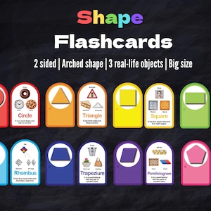 May include: Shape flashcards featuring various geometric shapes like circles, triangles, and squares. Each card is two-sided with arched shapes and real-life object examples. The cards are big size and designed for educational purposes.