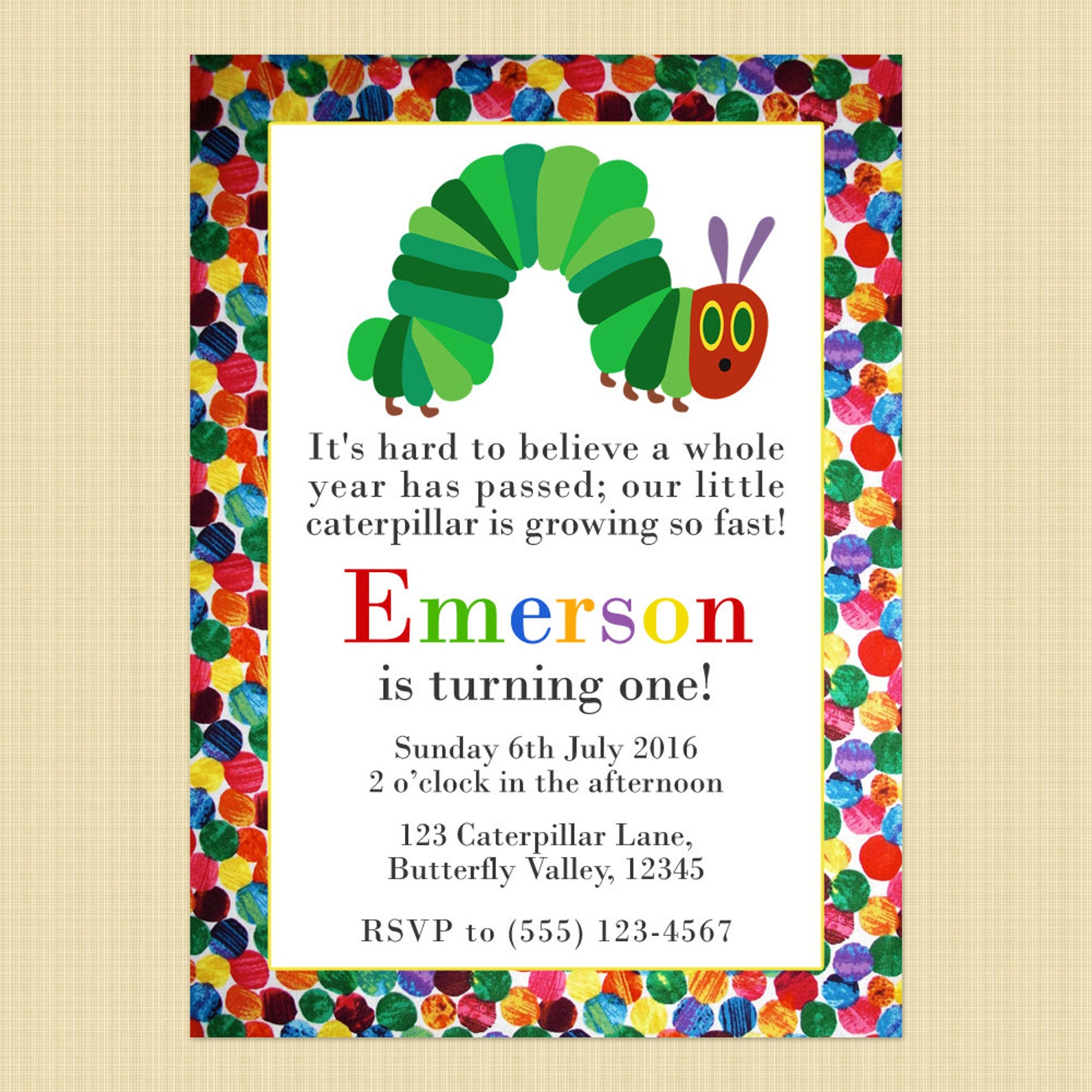 The Very Hungry Caterpillar Birthday Invitation Card Hungry Etsy UK