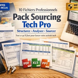 May include: An image featuring a laptop, documents, and a smartphone. The documents display the text "Lean Canvas" and "Pack Sourcing Tech Pro". The image also includes the text "Templates Business Inclus" and "Guide Fournisseurs".