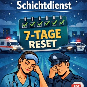 Könnte beinhalten: Digitale Illustration, die den Schlaf für Schichtarbeiter bewirbt. Das Bild zeigt eine Krankenschwester und einen Polizisten, die beide müde aussehen. Der Text enthält "Schlaf im Schichtdienst" und "7-TAGE RESET". Ein Krankenwagen und ein Polizeiauto sind ebenfalls abgebildet.