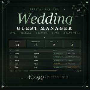 Op de afbeelding: Digitale planner voor huwelijksgastenbeheer met een donkergroene achtergrond. De tekst bevat "Wedding Guest Manager" en RSVP, dieet, zitplaatsen, cadeaus en bedankopties. Toont het aantal gasten en de RSVP-status.