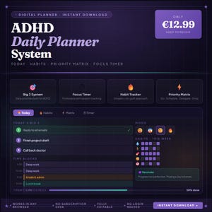 Könnte beinhalten: Digitaler ADHD Daily Planner System in Lila und Dunkelblau. Enthält einen Habit Tracker, einen Fokus-Timer und eine Prioritätsmatrix. Der Planer ist vollständig editierbar und funktioniert in jedem Browser. Preis: €12.99.