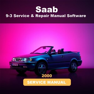 Puede incluir: Un software de manual de servicio y reparación Saab 9-3 para el año 2000. La imagen muestra un coche descapotable azul oscuro sobre un fondo magenta vibrante con el texto blanco Saab 9-3 Service & Repair Manual Software.