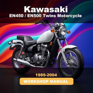 Pode incluir: Uma capa de manual de oficina para a motocicleta Kawasaki EN450 / EN500 Twins com uma moto cruiser branca, assento preto, escapamento cromado e rodas raiadas. O texto diz Kawasaki EN450 / EN500 Twins Motorcycle 1985-2004 WORKSHOP MANUAL.