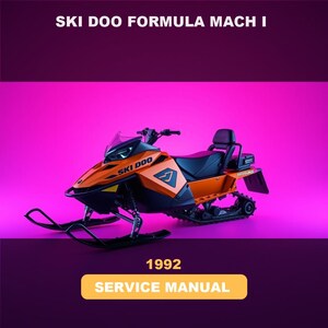 May include: A 1992 Ski-Doo Formula Mach I snowmobile service manual cover featuring an orange and black snowmobile against a vibrant magenta background. The text reads SKI DOO FORMULA MACH I at the top and 1992 SERVICE MANUAL at the bottom.