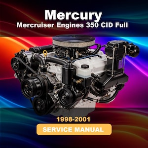 Könnte beinhalten: Ein Mercury Mercruiser Engines 350 CID Full 1998-2001 Wartungshandbuch mit einem weißen Schiffsmotor, schwarzen Komponenten, Riemenscheiben, Riemen und einem runden Luftfiltergehäuse vor einem farbenfrohen, abstrakten Hintergrund.