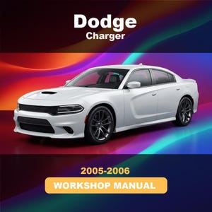 Può includere: Una berlina Dodge Charger bianca vista di tre quarti anteriore. Il testo Dodge Charger appare in alto e 2005-2006 WORKSHOP MANUAL è stampato in un riquadro rettangolare giallo in basso su uno sfondo astratto dai colori vivaci.