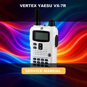 Op de afbeelding: Een witte Vertex Yaesu VX-7R portofoon met een zwarte antenne, een zwarte volumeknop, een digitaal display, een luidsprekerrooster en een numeriek toetsenbord. De tekst VERTEX YAESU VX-7R en SERVICE MANUAL staat op de afbeelding gedrukt.