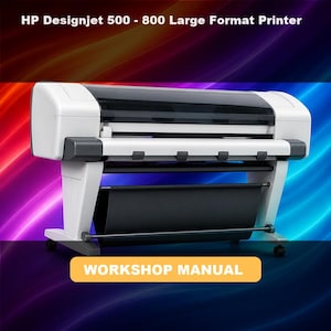 Könnte beinhalten: Ein weißer und dunkelgrauer HP Designjet 500 - 800 Großformatdrucker auf einem Rollständer mit schwarzem Papierauffangkorb. Der Text HP Designjet 500 - 800 Large Format Printer und WORKSHOP MANUAL ist im Bild zu sehen.