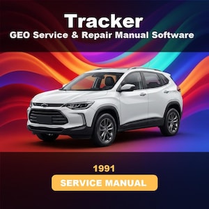 Op de afbeelding: Een witte SUV wordt weergegeven tegen een kleurrijke abstracte achtergrond. De tekst luidt Tracker GEO Service & Repair Manual Software en 1991 SERVICE MANUAL. Het voertuig heeft een zwarte grille, donkere wielen en getinte ruiten.