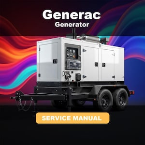 May include: A white Generac industrial generator mounted on a black dual-axle trailer with black wheels and a metal exhaust pipe. The unit features a control panel with gauges and switches. The text Generac Generator and SERVICE MANUAL are visible.